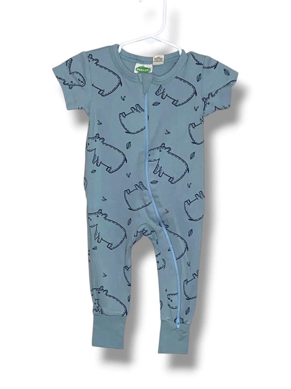 Parade Organic cotton Signature Print '2-Way' Zip Romper Hippo- short Sleeve